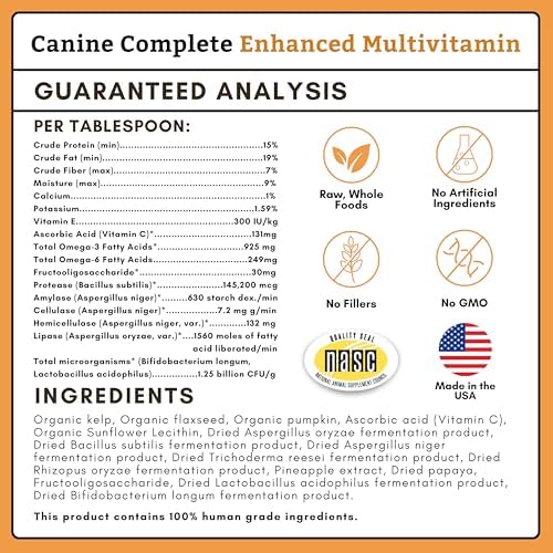 Organic Dog Vitamins with Organic Pumpkin Protein, 2 Lb, 90 Scoops | Daily Dog Multivitamin with Prebiotics, Probiotics for Immune Support, Skin Coat, Digestion, Stool Quality - Canine Complete