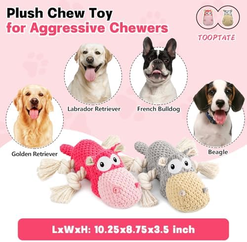 TOOPTATE 2-Pack Squeaky Hippo Dog Toys, Gray & Pink, Medium | Cute Plush Design, Rope Legs for Tugging, Helps Keep Dogs Busy, Suitable for Small, Medium, and Large Dogs