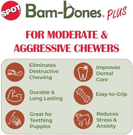 SPOT Bam-Bones Plus T-Bone Dog Chew Toy, Bamboo Fiber & Nylon, Chicken Flavor, Durable Non-Splintering Chew for Moderate to Aggressive Chewers, Dogs 30-60 lbs, 6 Inch