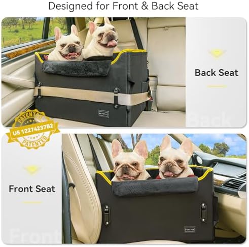 PETSFIT Dog Booster Car Seat, Medium/2 Small Dogs, 2 Safety Leashes, Storage Pockets, Under 45 lbs, Black