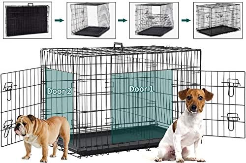 Dog Crate Dog Cage 42 Inches Folding Dog Kennel Double Door Travel Metal Dog Crate with Plastic Tray for Medium Dogs
