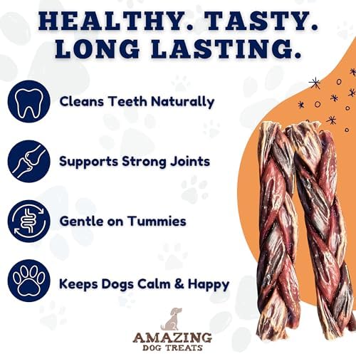 Amazing Dog Treats - 6 Inch Braided Gullet Stick (4 Pc/Pack) - Dog Jerky Treats - Beef Esophagus -Gullet for Dogs - Beef Esophagus Dog Treats