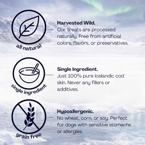 Cod Skin Fingers Dog Treats, Single Ingredient Wild-Caught Icelandic Fish Skins, High Protein Natural Dental Chews, Omega-3 Rich Grain-Free Dog Treats, 3 Pack