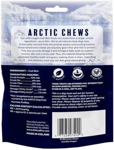 Cod Skin Fingers Dog Treats, Single Ingredient Wild-Caught Icelandic Fish Skins, High Protein Natural Dental Chews, Omega-3 Rich Grain-Free Dog Treats, 3 Pack