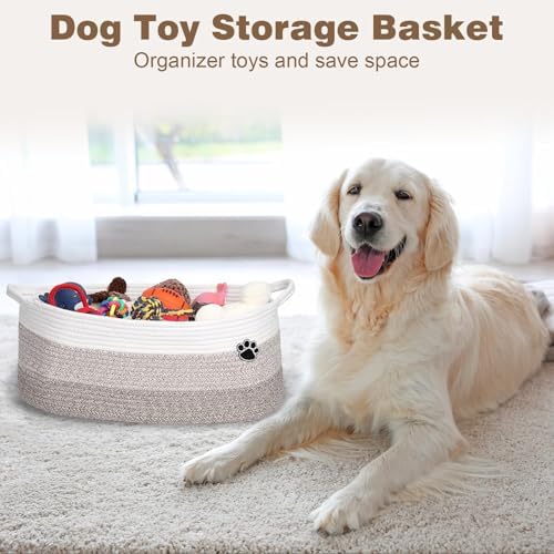Optish Dog Toy Basket, 30L Toy Box and Bin for Dog Cat Storage, 19.7" X 11" X 7.9" Large Woven Rope Basket for Blanket Storage, Living Room, Bedroom, White & Brown