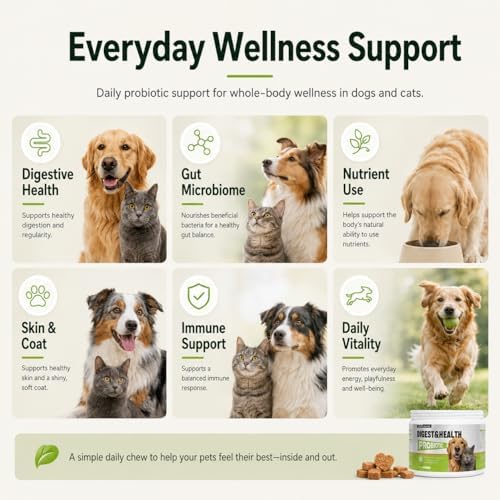 Pets Probiotic Chews for Digestive Health & Gut Health Support, 5-Strain Blend, Prebiotics & Enzymes, Pumpkin, Papaya, Skin & Coat, Immune Support, Chicken Flavor, 100 Count