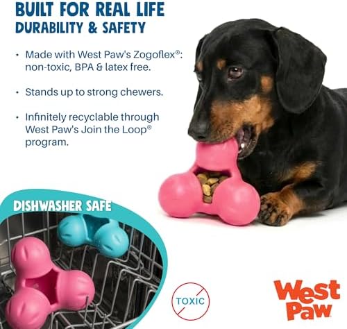 WEST PAW Zogoflex Tux Treat Dispensing Dog Chew Toy – Interactive Chewing Toy for Dogs – Dog Games for Aggressive Chewers, Fetch, Catch – Holds Kibble, Treats, Small 4", Teal