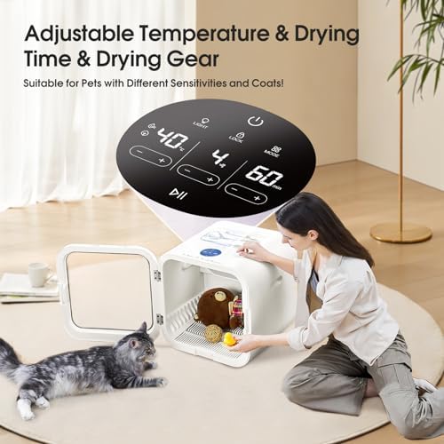 LUCKY NAVI 62L Pet Dryer Box for Cats and Small Dogs 【Fastest 15-Minute Drying】, 40dB Ultra Quiet Automatic Cat Dryer Box, 360° Full Body Drying, Removable Base, with Light and Skylights (62L), White