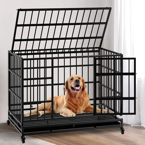 Indestructible Folding Dog Crate with Wheels, 48 Inch Heavy Duty Escape Proof Collapsible Metal Dog Kennel Cage for Large and Medium Dogs, High Anxiety Pet Crate with 2 Door and Removable Tray