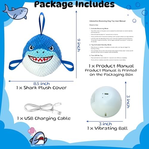 Automatic Moving Squeaky Dog Toy, USB Rechargeable Shark Ball for Large | Interactive Chew Toys with Plush Cover, Toss Fetch Tug Play to Keep Pets Busy, Durable Gift for Medium Breed，Machine Washable