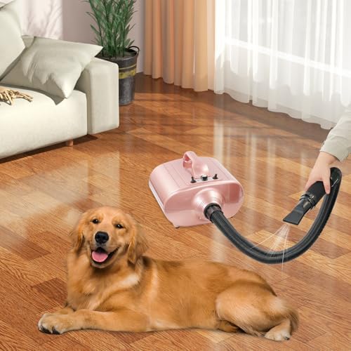 High Velocity Dog Dryer, 3600W Professional Pet Hair Force Dryer with Flat & Round Nozzle, 229.66 ft/s Dog Grooming Blower with Adjustable Airspeed & Temp for Home Pet Care Beauty Shops (Pink)
