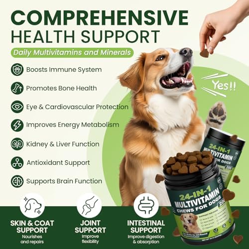 24-in-1 Dog Vitamins and Supplements 200 Ct Daily Multivitamin for Dogs | Hip & Joint, Skin, Digestion, Immune, Heart, Brain, Eye Health Support with Glucosamine, Probiotics, Omega 3 - Chicken