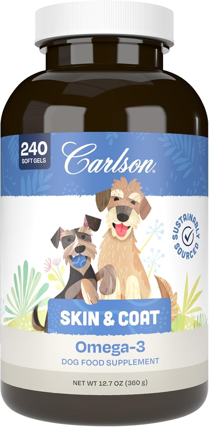 Carlson Omega-3 Fish Oil Soft Gels for Dogs, Supports Skin & Coat, Joint & Heart Health, Dog Supplement, 240 Soft Gels