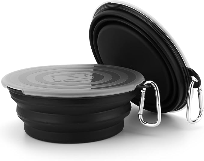 SLSON Collapsible Dog Bowls with Lids, 2 Pack, Black and Black, Large