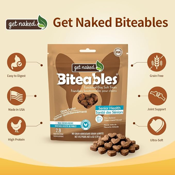 Get Naked Biteables Daily Soft Dog Treats for Senior Health, Made with Real Chicken and New Zealand Green-Lipped Mussel, Functional Soft Chews for Senior Dogs, Grain-Free, 6oz