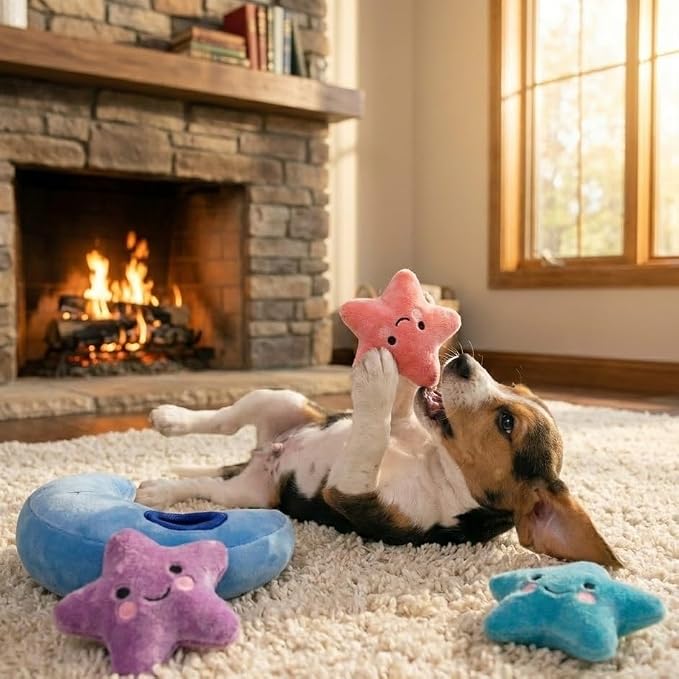 MODERN WAVE - Interactive Squeaky Plush Hide and Seek Squirrel Type Puzzle Toy for Dogs, Small Size (Moon and Stars)