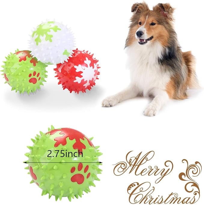 Christmas Squeaky Dog Toys - 3Pcs Spicy Dog Chewing Balls with Snowflake Pattern Xmas Dog Stab Ball Cleaning Teeth Toys Balls with High Bounce for Small Medium Large Pet Dogs