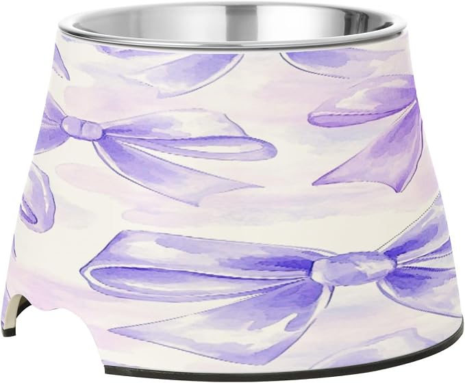 Blueangle Elevated Dog Bowls with Stainless Steel - Non-Slip 2.3 Cup High Capacity Pet Dish for Spinal Health & White Bows Design（175）
