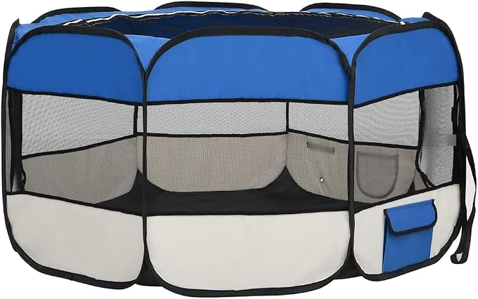 Foldable Dog Playpen 49.2x49.2x24 Inches with Carrying Bag, Blue Steel Frame Playpen for Training, Sleeping, and Play Area with Mesh Roof and Side Pockets