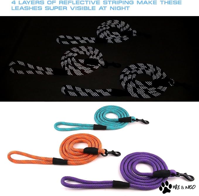 Max and Neo Rope Leash Reflective - 6 FT x 1/2" (Black, Donates to Dog Rescue)
