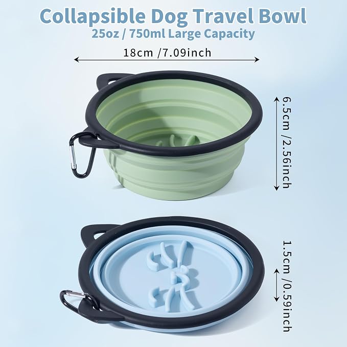2-Pack Silicone Collapsible Dog Bowl, Ear Shape, 25oz, Light Blue and Green