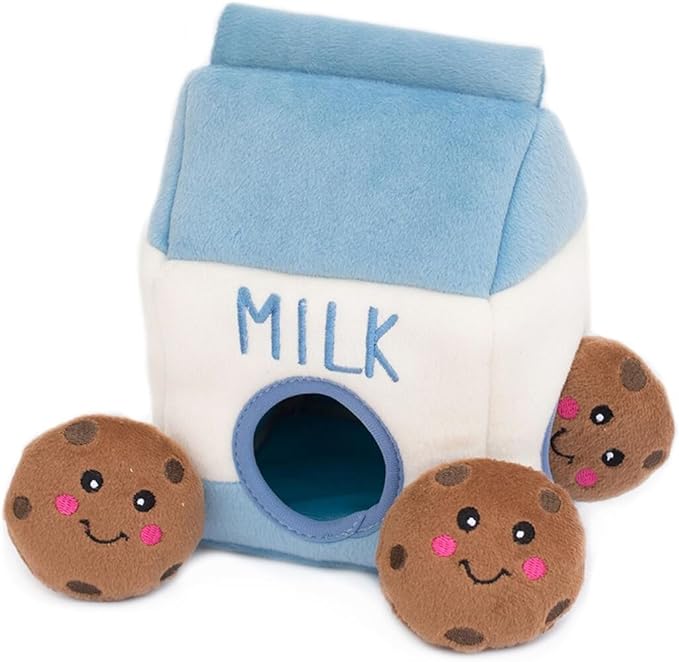 ZippyPaws Burrow Hide & Seek Plush Puzzles - Milk and Cookies | Interactive Dog & Puppy Toys for Boredom, Stimulating Pet Products to Keep them Busy, Squeaky Toy for Enrichment