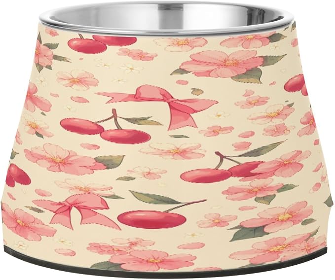 Blueangle Elevated Dog Bowls with Stainless Steel - Non-Slip 2.3 Cup High Capacity Pet Dish for Spinal Health & Cherry with Bow Design（13）