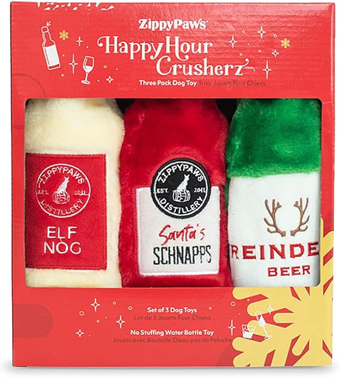 ZippyPaws Happy Hour Crusherz for Small Medium & Large Dogs, Holiday 3-Pack | Interactive Dog Toys to Keep Them Busy, Squeaky Plush Toy for All Breeds, Drink Themed Crinkle Water Bottle Toy