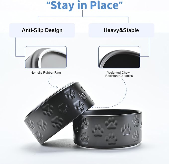 SPUNKYJUNKY Ceramic Dog Bowls 2 Pack, 8.3'' Dog Food Water Double Feeding Bowls Non-Slip for Medium to Large Sized Breed Microwave Dishwasher Safe - 60 OZ, 2pcs, Paw Black