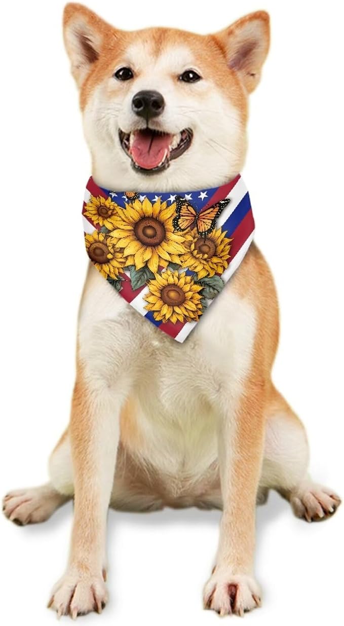 Jeiento 4th of July Dog Bandanas Sunflower Butterflies US Flag Pet Bandanas for Large, Large, Polyester