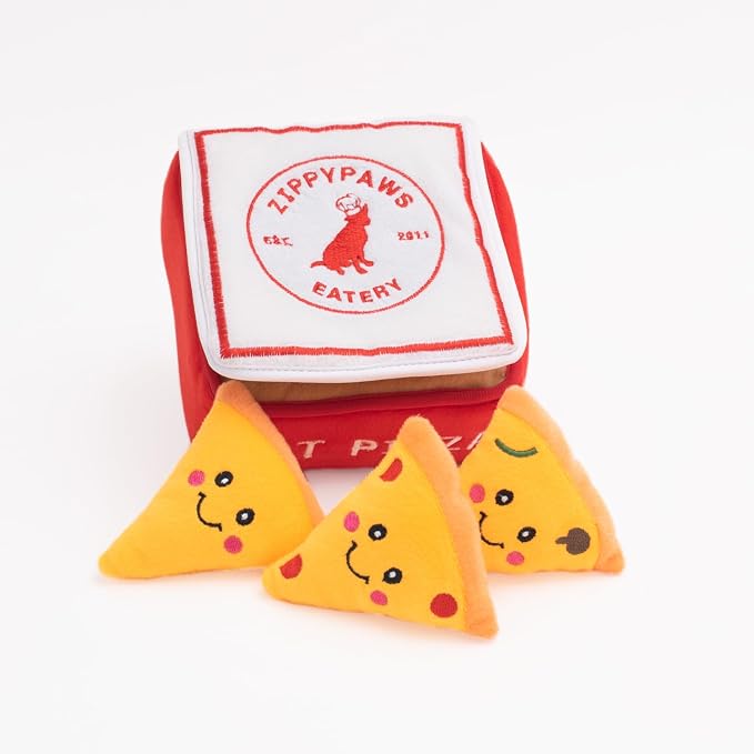 ZippyPaws Burrow Interactive Dog & Puppy Toys for Boredom - Pizza Box | Stimulating Pet Products to Keep them Busy, Hide & Seek Plush Dog Puzzle, Enrichment Squeaky Toy, For Small & Medium Dogs