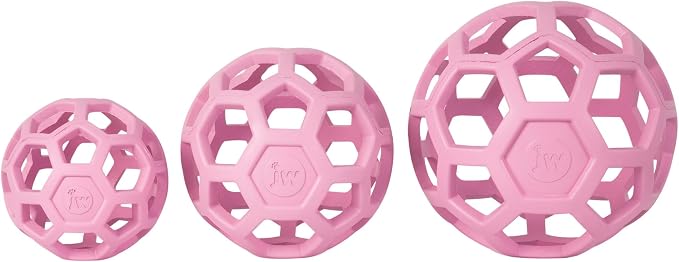 JW Pet HOL-ee Roller Dog Puzzle Ball, Small 3in, Natural Rubber, Pink | Puzzle Ball Design Dog Toy for Interactive Play and Chasing Fun