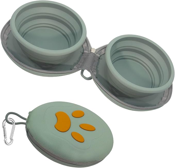Collapsible Dog Bowls, 2-in-1 Silicone with Carabiner, Green
