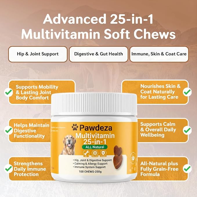 25-in-1 Dog Multivitamin Soft Chews – Hip & Joint, Skin & Coat, Immune, Digestive & Calming Support – 500M CFU Probiotics, Salmon Oil, Glucosamine & Chondroitin