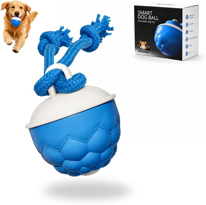 Interactive Dog Toy with Rope Smart Motion Activated Dog Ball USB Rechargeable 3 Speed Modes Durable Automatic Dog Toy for Puppies