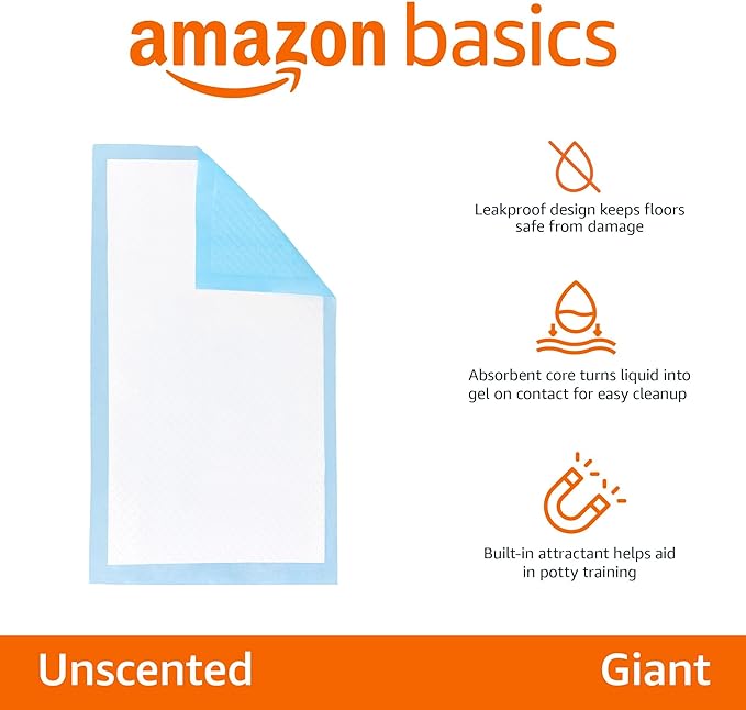 Amazon Basics Heavy Duty Dog and Puppy Pee Pads, Leak-Proof 5-Layer Super Absorbent, Quick-Dry Surface for Potty Training and Housebreaking, Giant Size, 27.5 x 44 Inch, Blue & White, 30-Pack