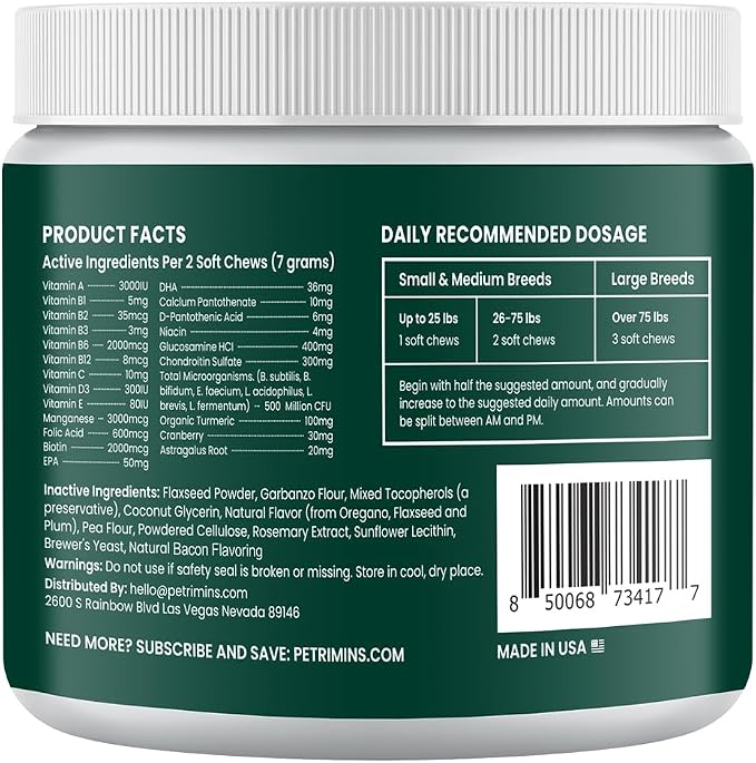 23-in-1 Dog Vitamins Supplements, Multivitamin Treats for Dogs with Glucosamine & Omega-3, Comprehensive Support for Hip & Joint, Digestion, Immune Health, Skin, Heart - 90ct, Bacon