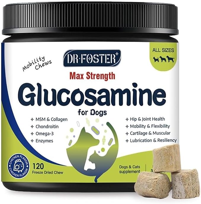 Glucosamine for Dogs, Hip and Joint Supplement for Dogs with Chicken Flavor, Anti Inflammatory, Dog's Chondroitin, Digestive Enzymes, Omega-3, Vitamin D, MSM, Calcium, Turmeric, 120 Freeze-Dried Chews