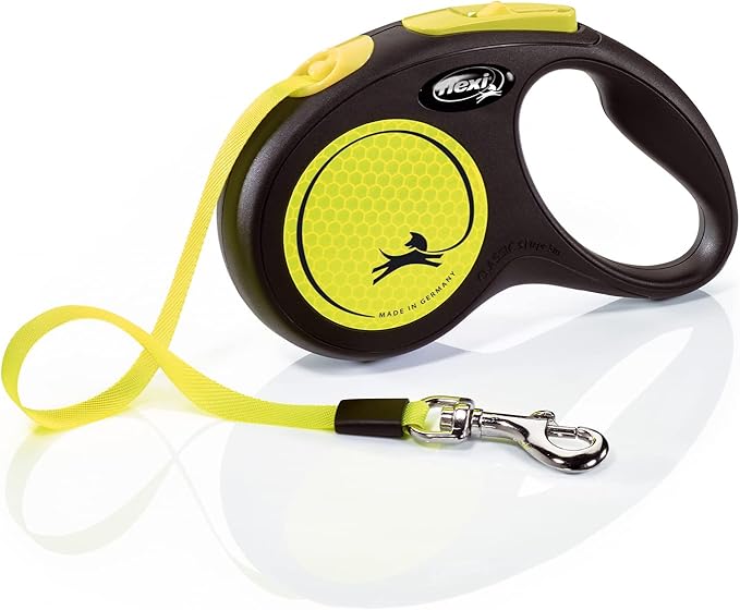 FLEXI® Neon Tape Retractable Dog Leash, Small, 16 ft - Neon Yellow/Black | German engineered, original flexi leash, durable quality for dogs up to 33 lbs, tangle-free, walking, reliable brake system