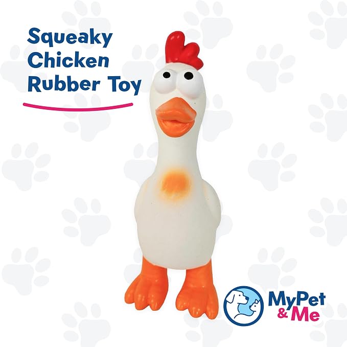My Pet & Me Rubber Squeaky Dog Toys for Small Dogs and Puppies, Soft Latex Squeak Toy for Light to Moderate Chewers, Teething and Fetch Play with Squeaker (White Chicken, 7.8 Inch)