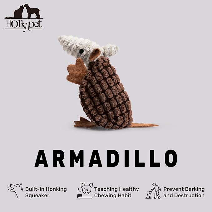 Hollypet Armadillo Squeaky Puppy Dog Toys for Small Medium Dogs, 6" | plush stuffed small dog squeak animal toy with unique grunt squeaker textured fabric for teeth cleaning toys
