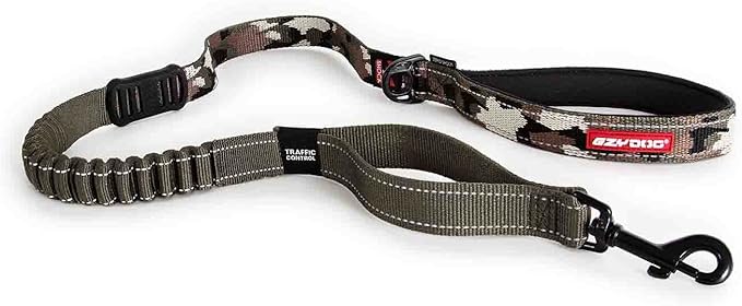 EzyDog Zero Shock - Bungee Dog Leash, Shock Absorbing - 48-Inch, Green Camo | Padded Neoprene Grip, Traffic Handle, Reflective Stitching, Strong for All Size Pullers, 1" Soft Touch Webbing for Durability