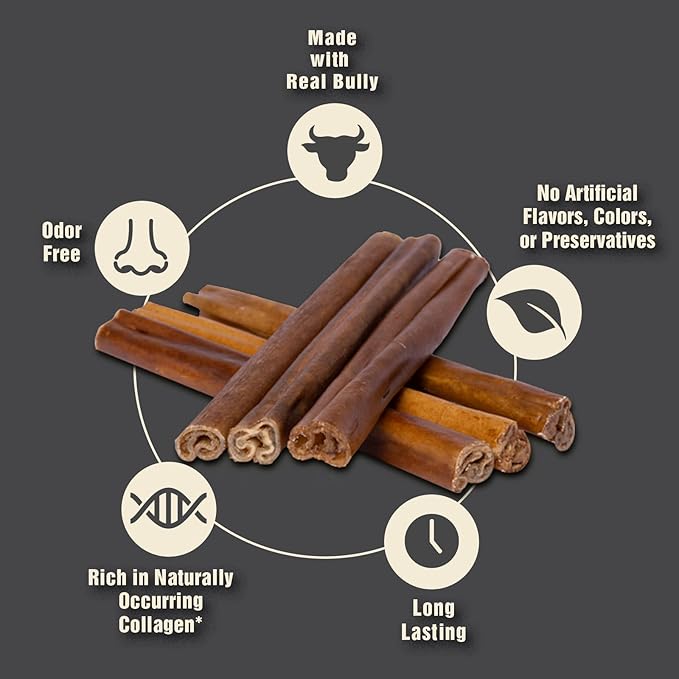 Canine Naturals | Natural Beef & Bully Sticks | 48 Count | Long-Lasting, Odor Free, High Protein Chews Made with 100% Real Bully | Bulk Carton Medium Sticks