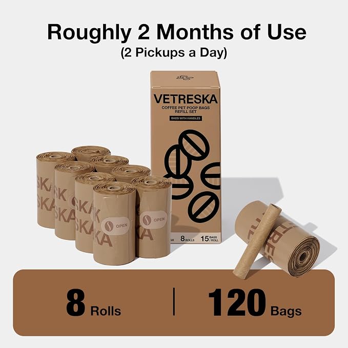 VETRESKA Dog Poop Bags with Handles 120 Count, Coffee Scented Waste Bags, Leak-Proof Thick Dog Bags for Poop, Easy-Tie Large Poop Bags, 8 Refill Rolls for Dog Walking Cat Litter