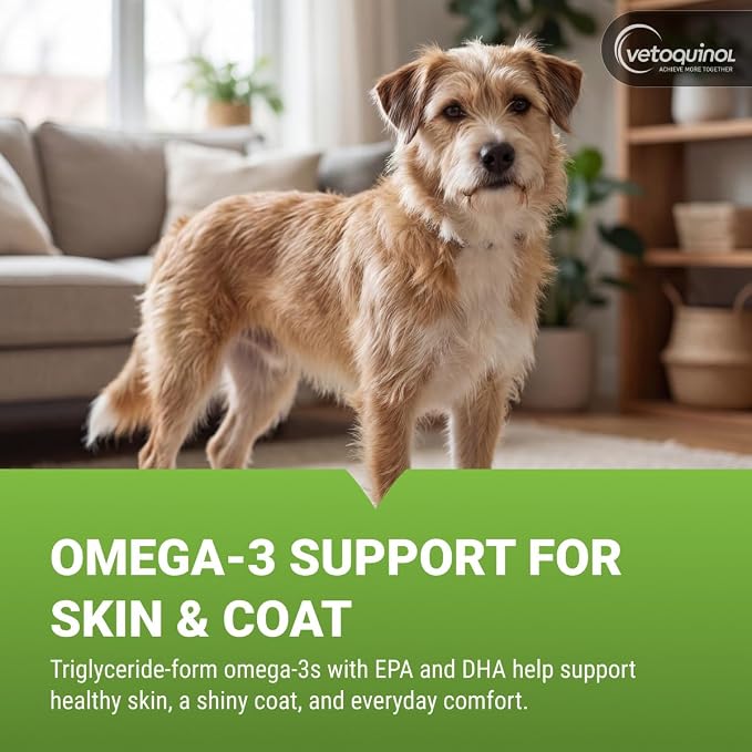 Vetoquinol Triglyceride Omega - Fish Oil for Dogs & Cats - Supports Healthy Skin, Coat & Normal Immune Response - Supplement with Vitamin Blend for Heart, Eye, Bone & Muscle Support - 8 Ounce