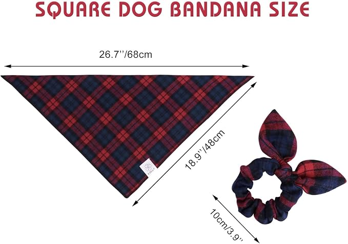 E-Clover Red Blue Plaid Dog Bandanas Girl Matching Scrunchie Medium Large, Large-set of 1, Medium, Red