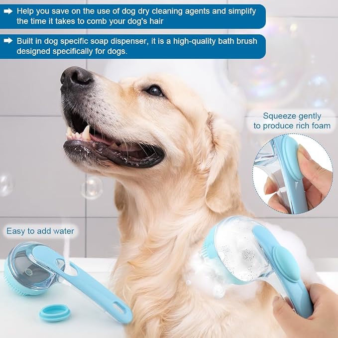 Pet Bath Brush, 2 in 1 Dog Bath Brush with Built-in Shampoo Dispenser, Pet Wash Brush with Double Head Toothbrush, Grooming Massage Brush for Dogs & Cats