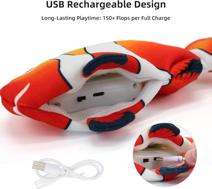 Flopping Fish Cat Toy, Interactive Moving Plush Cat Kicker Toy with Catnip Pocket, USB Rechargeable Automatic Wiggle Clownfish Toy for Indoor Kitten & Small Dogs, Single Clownfish（9.84Inch）