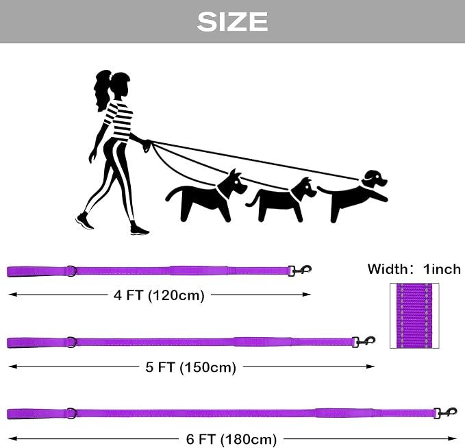 Joytale Dog Leash for Large Dogs that Pull, Double Handle, 5FT, Purple | Traffic Handle for Control, Padded Handle Reduces Hand Strain, Reflective Stitching for Night Safety, Strong Nylon Webbing