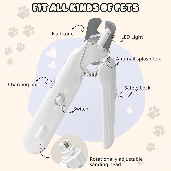 2-in-1 Dog Nail Trimmers & Grinder with 2 LED Lights, White